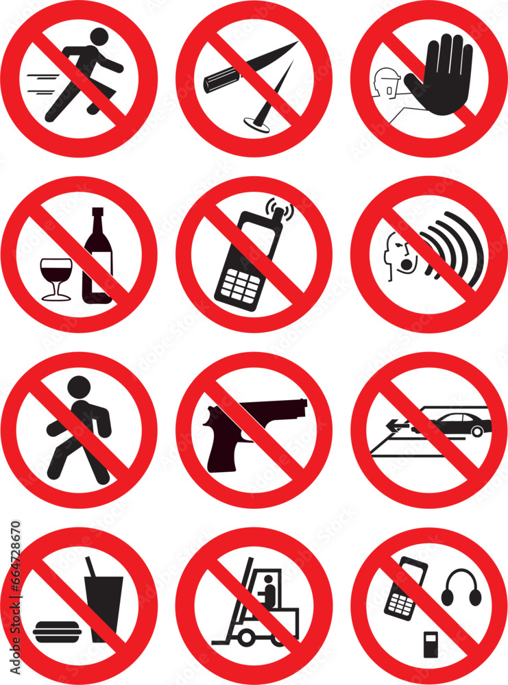 prohibition signs, red circle signs, no run, no knifes, restricted access, restricted area, no liquor, no cellphone, no yell, no guns, no parking, no food prohibition signs, red circle signs, no run, no knifes, restricted access, restricted area, no liquor, no cellphone, no yell, no guns, no parking, no food