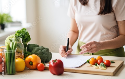 Woman choosing healthy food options and preparing a grocery list