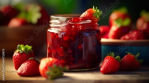 Strawberry jam and fresh berries. photo