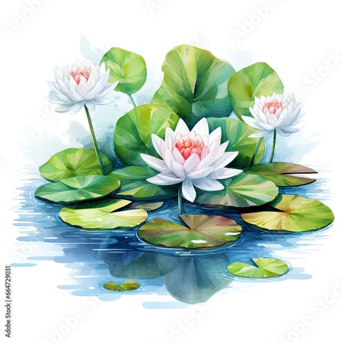 Water Lily in Pond. Watercolor design.