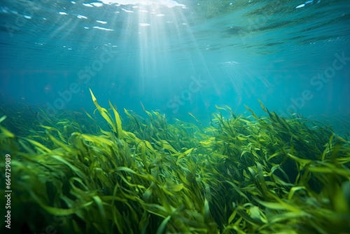 Underwater view of a group of seabed with green seagrass. © Sajeda