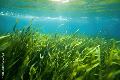Underwater view of a group of seabed with green seagrass.