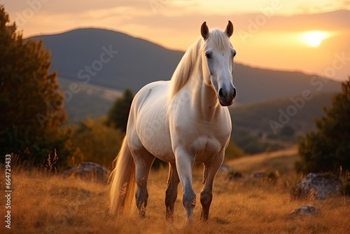 White horse or mare in the mountains at sunset.