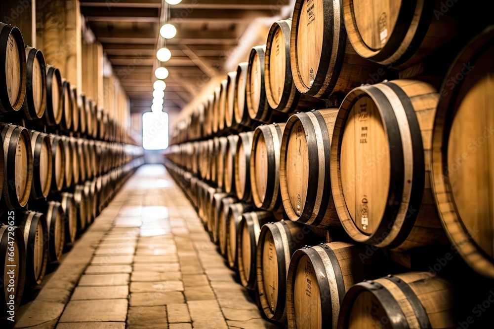 Wooden oak Port barrels in neat rows.