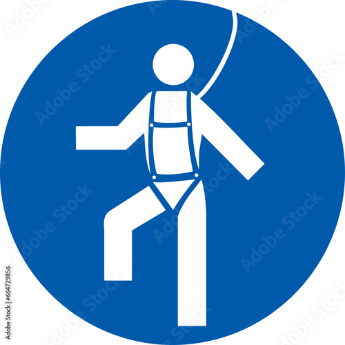 Mandatory safety harness. Mandatory information symbol in blue circle. personal protective equipment, fall hazards, epp