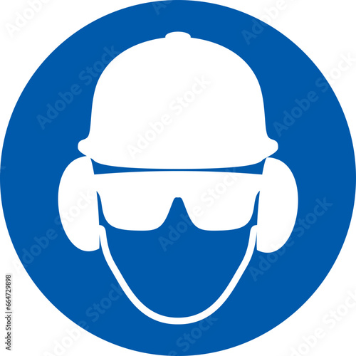 Safety sign, ear, eye and head protection, compulsory protection, safety glasses, helmet, hearing protection, personal protective equipment, ppe, blue circle, warning, attention, caution, precaution