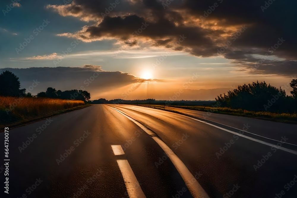 sunset on the road generated by AI technology