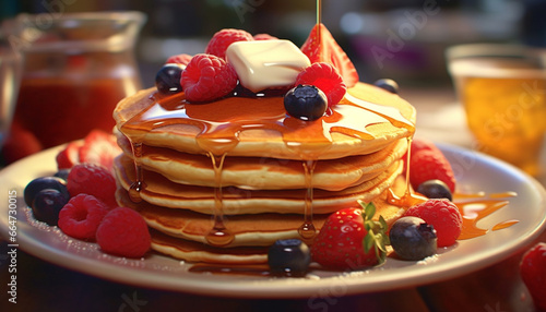 Freshness on a plate  homemade pancake stack with berry fruit generated by AI
