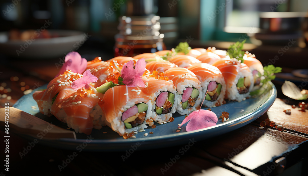 Freshness on plate seafood, sashimi, maki sushi, healthy eating, Japanese culture generated by AI Freshness on plate seafood, sashimi, maki sushi, healthy eating, Japanese culture generated by AI