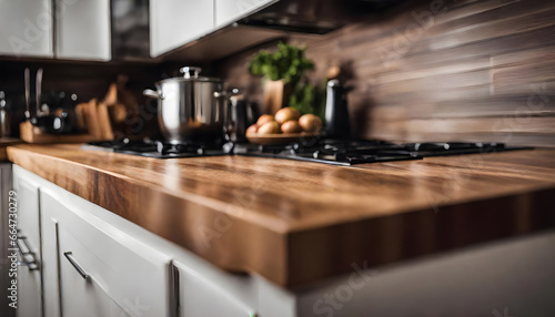 Wooden tabletop counter in front of bright modern kitchen.