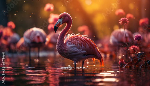 A vibrant sunset reflects on a tranquil pond, showcasing natural beauty generated by AI