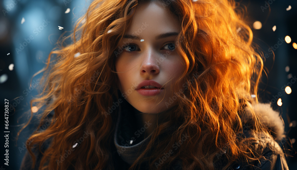 Fototapeta premium Smiling woman with long brown hair looking at camera, beautiful generated by AI