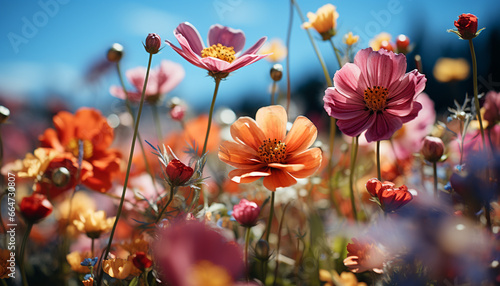 Nature beauty in a meadow  vibrant flowers, fresh grass, colorful petals generated by AI © djvstock