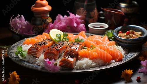 Freshness on a plate, sashimi and nigiri, a gourmet meal generated by AI
