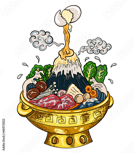 Sukiyaki recipe instant pot illustration.Chinese traditional food rich hot pot style.Shabu hand drawning for painting on restaurant.Wave on Fuji mountain on shabu hot pot.