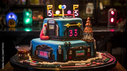 A cake for a 55th birthday, with a number 55 candle and a retro video game arcade frosting design. photo