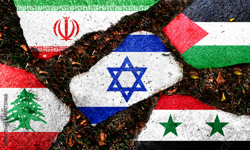 Israeli, Palestinian, Iranian, Syrian, Lebanese flags combined with rocks. Basemap and background concept. Double exposure hologram. photo