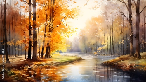Autumn park spectacular lighting watercolor painting