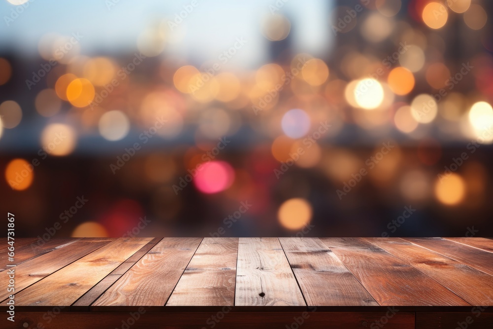 a wooden table top with a blur background of lights in the background of the table and the table top is made of wood and has a wooden surface with a. generative ai a wooden table top with a blur background of lights in the background of the table and the table top is made of wood and has a wooden surface with a. generative ai
