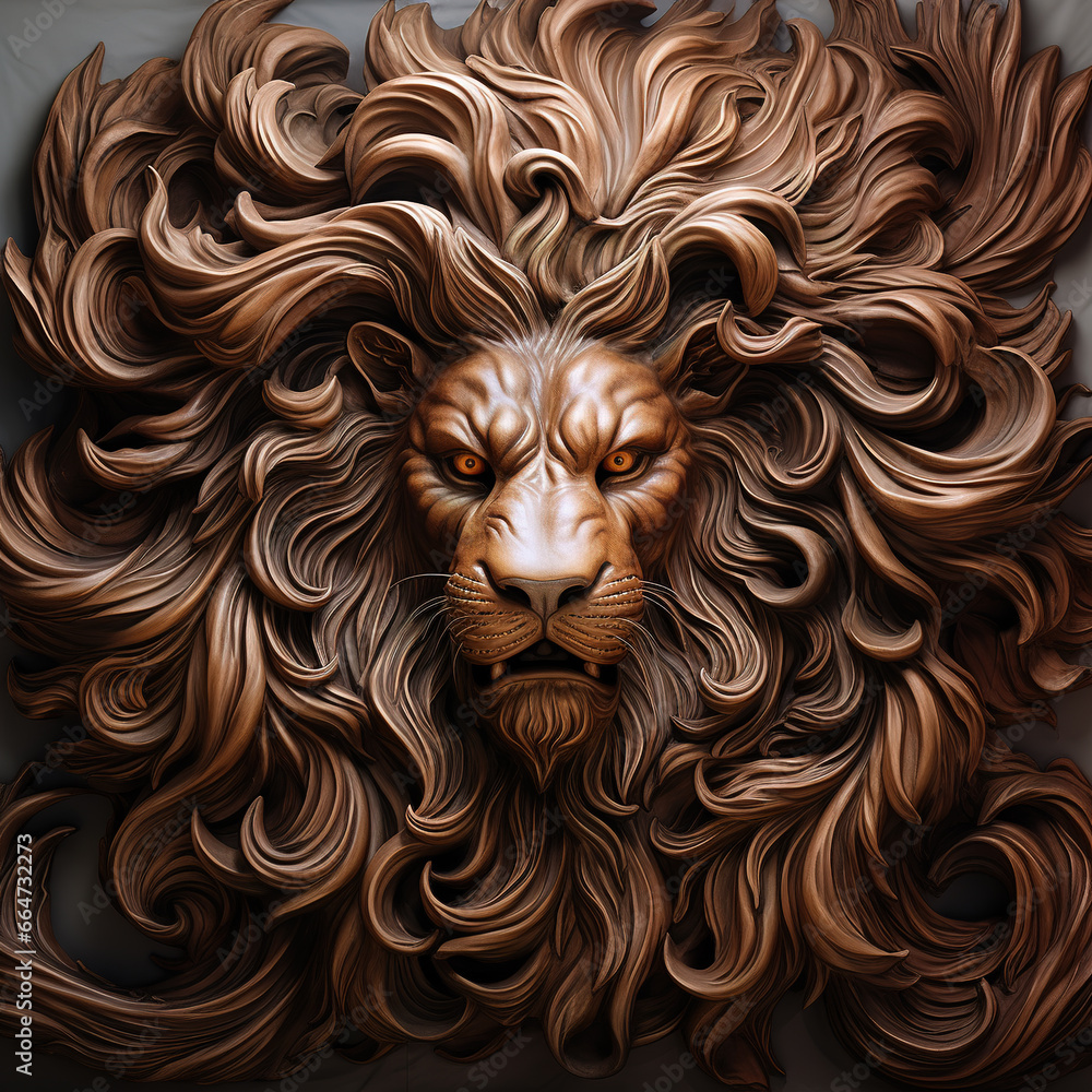 Image of a lion face that is intricately crafted in three dimensions. Wildlife Animals. Illustration, Generative AI.