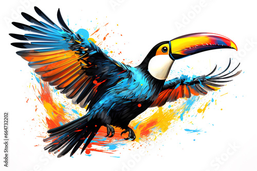 Image of colorful toucan is flying with its wings spread. Bird, Wildlife Animals, Illustration, Generative AI.