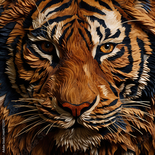 Image of a tiger s face that is intricately crafted in three dimensions. Wildlife Animals. Illustration  Generative AI.