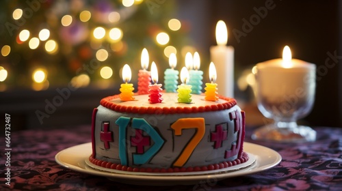 A cake for a 78th birthday  designed with a number 78 candle and a retro gaming arcade frosting pattern.