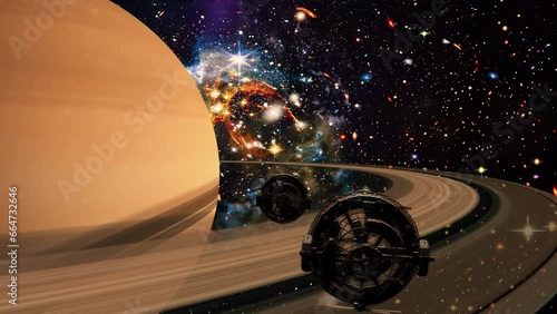 Alien spaceships travel though outer space with planets and nebula to earth