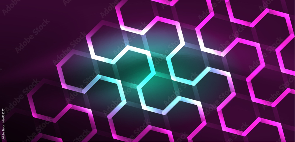 Abstract background techno neon hexagons. Hi-tech vector illustration for wallpaper, banner, background, landing page, wall art, invitation, prints, posters Abstract background techno neon hexagons. Hi-tech vector illustration for wallpaper, banner, background, landing page, wall art, invitation, prints, posters