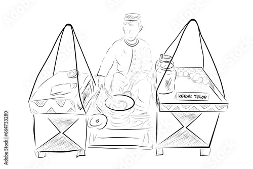 sketch kerak telur or telor maker and seller,indonesia traditional food, omelette dish made from coconut, sticky rice, chicken or duck egg
