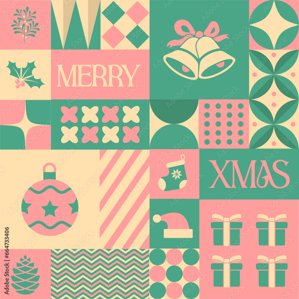 Merry Xmas Christmas seamless pattern in scandinavian style postcard with Retro clean concept design Merry Xmas Christmas seamless pattern in scandinavian style postcard with Retro clean concept design