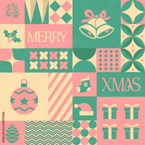 Merry Xmas Christmas seamless pattern in scandinavian style postcard with Retro clean concept design © Steven