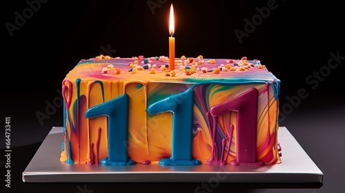A cake for an 11th birthday celebration, featuring an artistic number 11 candle and abstract, vibrant frosting. photo