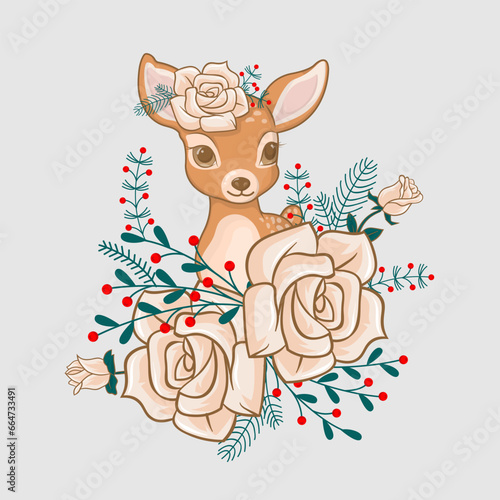 Fototapeta Naklejka Na Ścianę i Meble -  Vector A beautiful Deer head with flowers with Christmas Vibes Handdrawn Illustrations