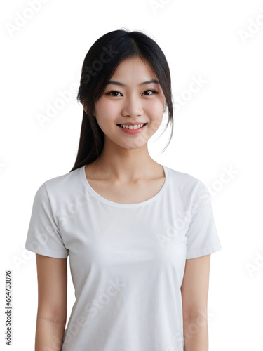 Beautiful Asian girl wearing a white shirt smiling and looking at the camera, Happiness concept, isolated, transparent background, no background. PNG.
