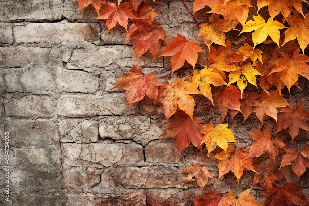 Autumn Leaf Colors and Old Brick Wall Texture: A Captivating Fusion of Nature and Architecture, generative AI Autumn Leaf Colors and Old Brick Wall Texture: A Captivating Fusion of Nature and Architecture, generative AI
