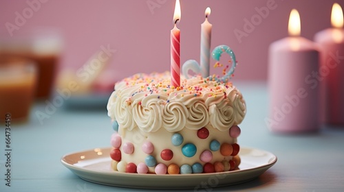 A cute and tiny cake for a sixth birthday  topped with a miniature number 6 candle and pastel decorations.