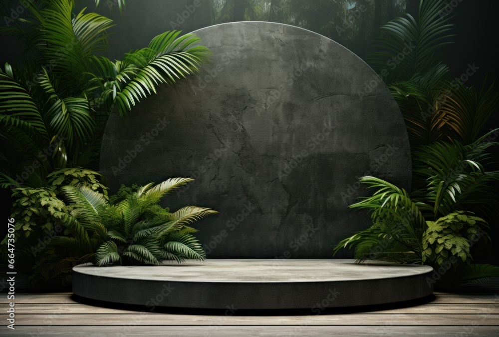 3D podium, stone display set. Jungle, palm leaf
