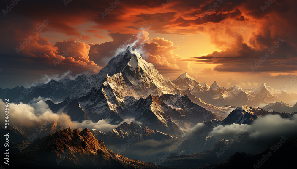 Majestic mountain peaks, nature beauty in panoramic sunset landscape generated by AI