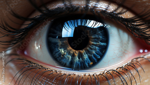 Human eye looking at camera, reflecting beauty and futuristic technology generated by AI
