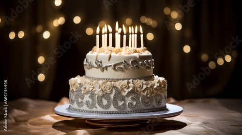 A cake for a 25th birthday, adorned with a number 25 candle and a silver and gold elegant decoration. photo