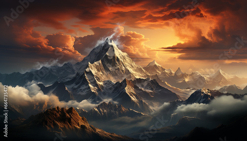 Majestic mountain peaks, nature beauty in panoramic sunset landscape generated by AI