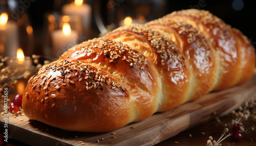 Freshly baked bread on a rustic table, ready to eat generated by AI