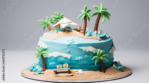 A cake for a 26th birthday, with a number 26 candle and a beach party-themed frosting design. photo