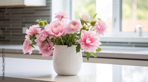 A white vase full of pink flowers is sitting on counter.