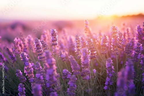 Close up lavender flowers in beautiful field at sunset. © Sajeda