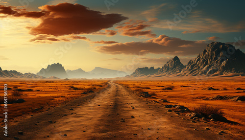 Majestic mountain peak, panoramic sunset, dry sand dune, tranquil scene generated by AI