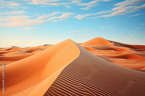 Desert Colors: Captivating Rippled Sand Dunes Beneath a Clear Sky, generative AI