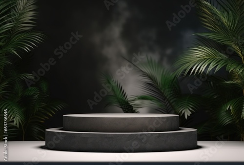 3D podium, stone display set. Jungle, palm leaf