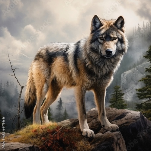 Painting of a realistic wolf nature background image AI Generated art